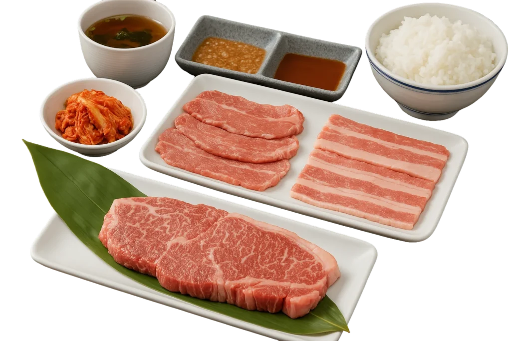Shokudo Set Yakiniku Set ( beef karubi, beef tounge, beef steak)